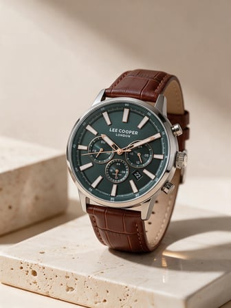 Lee Cooper Kahverengi Deri Kayış Yeşil Kadran 40 mm Yuvarlak Erkek Kol Saati, Bileklik Hediyeli