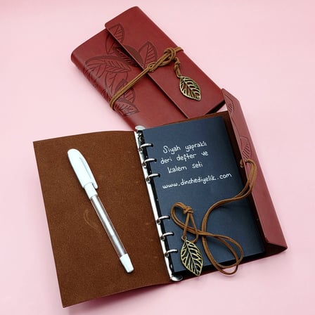 Kahverengi Deri Siyah Yapraklı Defter Ve Beyaz Jel Kalem Seti