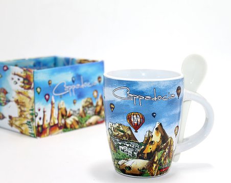 Mi Gökyüzü Temalı Kapadokya Kupa Bardak - Kaşıklı - Seramik Set