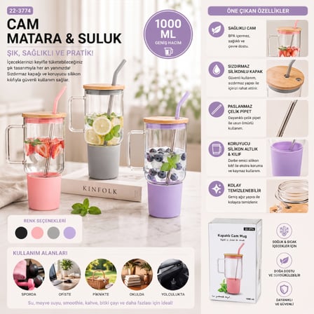 1000 ml Cam Matara Kupa Bardak - Bambu Kapaklı - Silikon Kılıflı - Çelik Pipetli