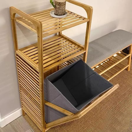 2 Organizer Raflı Ahşap Bambu Çek-Aç Kirli Sepeti