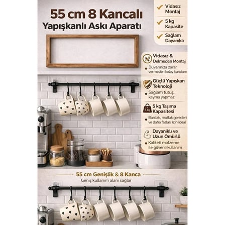 8 Kancalı Yapışkanlı Askı Aparatı