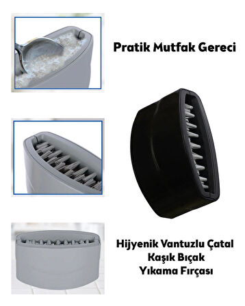 Pratik Mutfak Gereci, Hijyenik Vantuzlu Çatal Kaşık Bıçak Yıkama Fırçası (Çift Fırçalı)