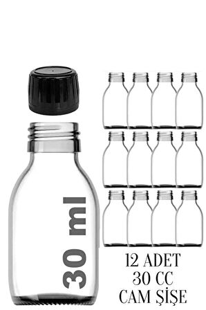 12 Adet 30 ml Kilitli Siyah Kapaklı Şeffaf Detox Shot Şişesi 30 Cc Ginger Şat Beyaz Cam Şişe 