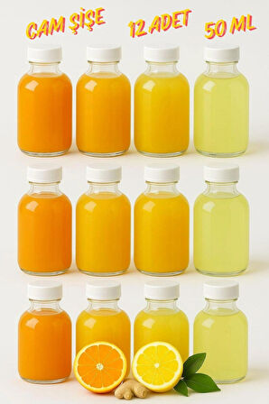 12 Adet Cam 50 ml Mini Shot Ginger Detox Şişe Plastik Sızdırmaz Kapaklı Kolonya Koku Süs Küçük Şişe