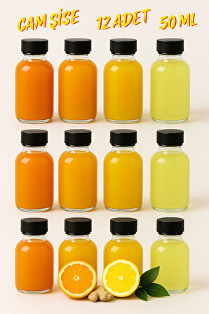 12 Adet Siyah Plastik Sızdırmaz Kapaklı Cam 50 ml Mini Shot Ginger Detox Şişe Kolonya Koku Süs Şişe