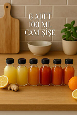 6 Adet 100 ml Kilitli Siyah Kapaklı Şeffaf Detox Shot Şişesi 100 Cc Ginger Şat Beyaz Cam Şişe
