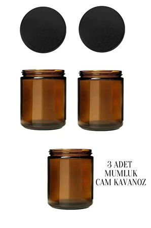 3 Adet 210 ml Cam Kavanoz Amber Mumluk 210 Cc Metal Siyah Kapaklı Mum Kavanozu Kahverengi