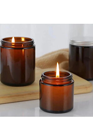 3 Adet 210 ml Cam Kavanoz Amber Mumluk 210 Cc Metal Siyah Kapaklı Mum Kavanozu Kahverengi