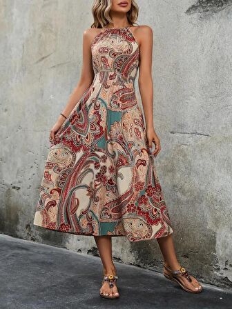 TUA MODA Kadın Kolsuz Boyundan Bağlamalı Beli Lastikli Etnik Desen Baskı Süprem Uzun Elbise