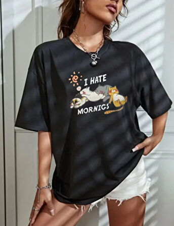 TUA MODA Bisiklet Yaka Baskılı Oversize T-Shirt - Siyah