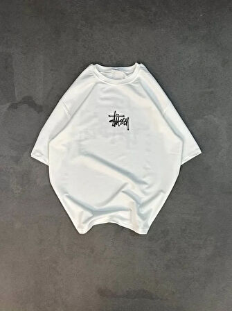 TUA MODA Unisex Bisiklet Yaka Baskılı Oversize T-Shirt - Beyaz