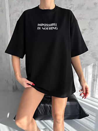 TUA MODA Unisex Bisiklet Yaka Baskılı Oversize T-Shirt - Siyah