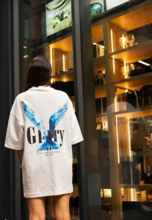 TUA MODA Unisex Bisiklet Yaka Baskılı Oversize T-Shirt - Beyaz