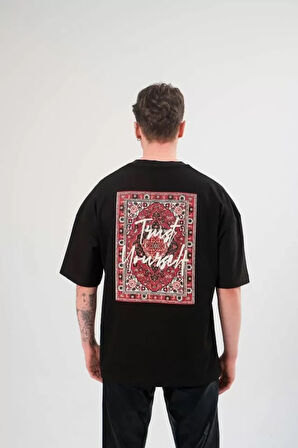 TUA MODA Unisex Bisiklet Yaka Baskılı Oversize T-Shirt - Siyah