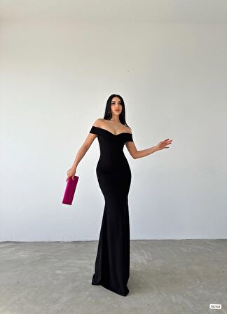 TUA MODA Kadın Dalgıç Kumaş Kayık Yaka Ve Dekolte Detaylı Elbise