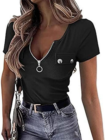 TUA MODA Kadın Kısa Kollu Fermuarlı Cep Detay Kaşkorse Bluz