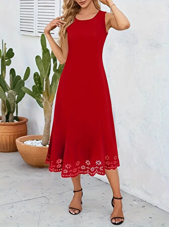 TUA MODA Kadın Kolsuz Etek Ucu Lazer Kesim çiçek Desenli Midi Boy Ithal Krep Elbise