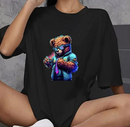 TUA MODA Unisex Bisiklet Yaka Baskılı Oversize T-Shirt - Siyah