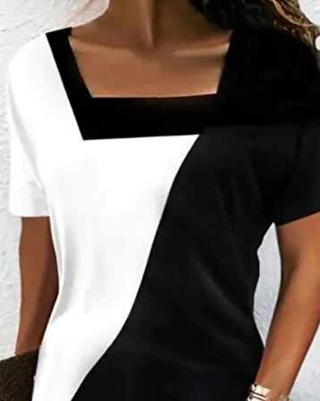 TUA MODA Kadın Kısa Kollu Kare Yaka Parçalı Desen Dalgıç Elbise