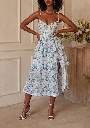 TUA MODA Kadın Askılı Dekolteli Yırtmaç Detay çiçek Baskılı Süprem Midi Elbise