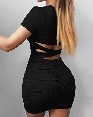 TUA MODA Kadın Kısa Kollu Bel çapraz Detay Dekolteli Eteği Büzgülü Sandy Mini Elbise