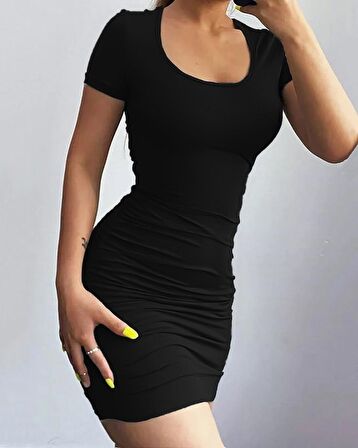 TUA MODA Kadın Kısa Kollu Bel çapraz Detay Dekolteli Eteği Büzgülü Sandy Mini Elbise