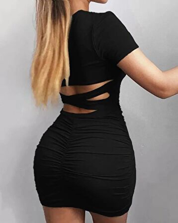 TUA MODA Kadın Kısa Kollu Bel çapraz Detay Dekolteli Eteği Büzgülü Sandy Mini Elbise