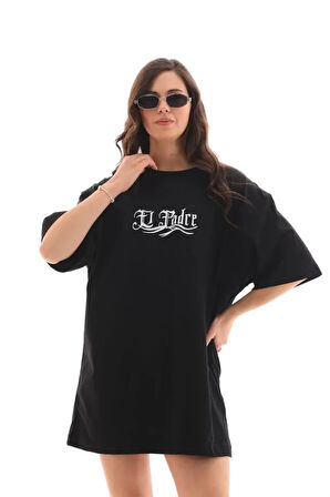 TUA MODA Unisex Bisiklet Yaka Baskılı Oversize T-Shirt - Siyah