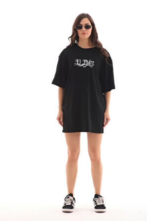 TUA MODA Unisex Bisiklet Yaka Baskılı Oversize T-Shirt - Siyah