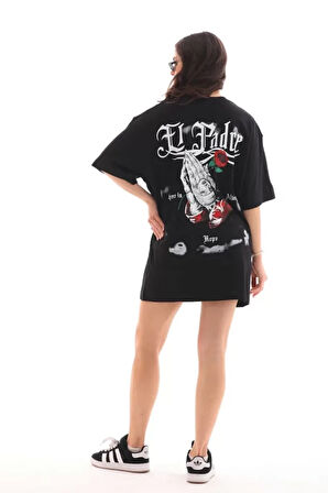 TUA MODA Unisex Bisiklet Yaka Baskılı Oversize T-Shirt - Siyah