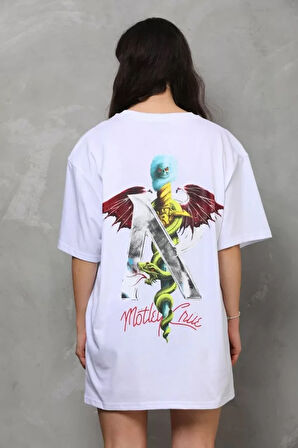 TUA MODA Unisex Bisiklet Yaka Baskılı Oversize T-Shirt - Beyaz