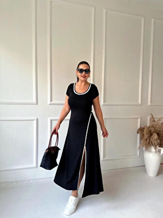 TUA MODA Kadın Yuvarlak Ribana Yaka Beyaz Yırtmaç Detaylı Viskon Tam Boy Elbise