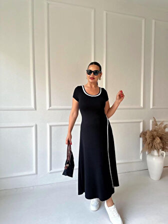 TUA MODA Kadın Yuvarlak Ribana Yaka Beyaz Yırtmaç Detaylı Viskon Tam Boy Elbise