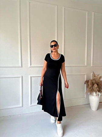 TUA MODA Kadın Yuvarlak Ribana Yaka Beyaz Yırtmaç Detaylı Viskon Tam Boy Elbise