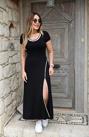 TUA MODA Kadın Yuvarlak Ribana Yaka Beyaz Yırtmaç Detaylı Viskon Tam Boy Elbise