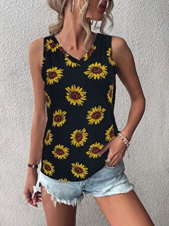 TUA MODA Kadın V Yaka Kolsuz Ayçiçeği Desen Krep Bluz