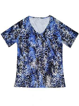 TUA MODA Kadın V Yaka Renkli Leopar Desen Büzgü Detay Süprem Bluz