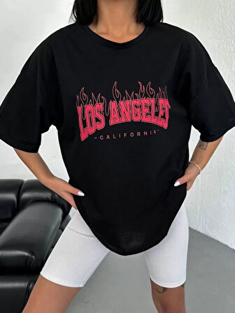 TUA MODA Unisex Bisiklet Yaka Baskılı Oversize T-Shirt - Siyah