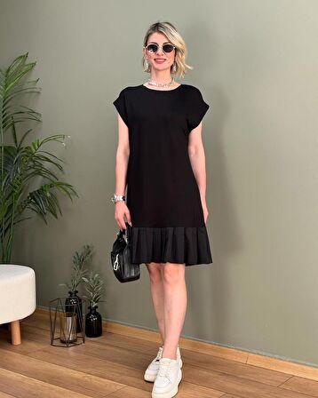 TUA MODA Kadın Viskon Kumaş Mini Tunik Detaylı Elbise