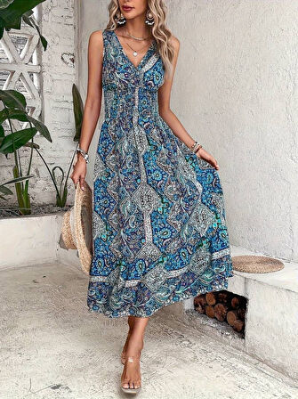 TUA MODA Kadın Beli Gipeli Etnik Desen Sıfır Kol Süprem Elbise
