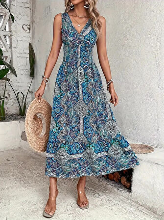 TUA MODA Kadın Beli Gipeli Etnik Desen Sıfır Kol Süprem Elbise
