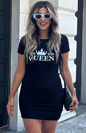 TUA MODA Kadın Kısa Kollu Queen Baskı Iki Iplik Mini Elbise