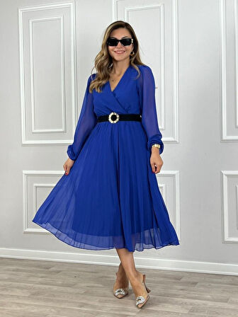 TUA MODA Kadın şifon Kumaş Astalı Kloş Kesim Kruvaze Yaka Midi Boy Elbise