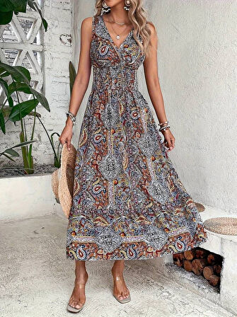 TUA MODA Kadın Beli Gipeli Etnik Desen Sıfır Kol Süprem Elbise