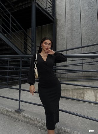 TUA MODA Kadın Kruvaze Yaka Balon Kol Simli Krep Kumaş Midi Boy Elbise