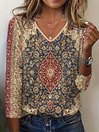 TUA MODA Kadın Fakir Kollu V Yakalı Etnik Desenli Süprem Bluz