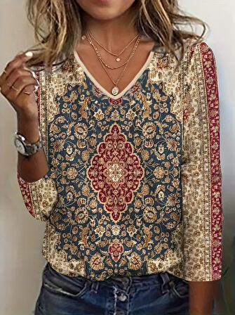 TUA MODA Kadın Fakir Kollu V Yakalı Etnik Desenli Süprem Bluz