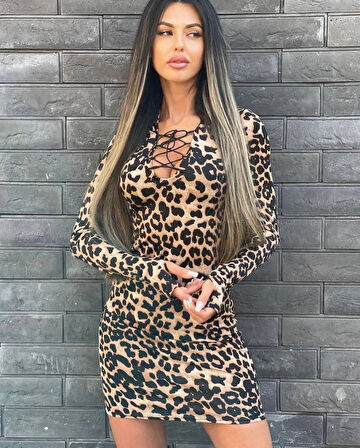 TUA MODA Kadın örme Viskon Kumaş Leopar Desenli çapraz Göğüs Detay Mini Boy Elbise