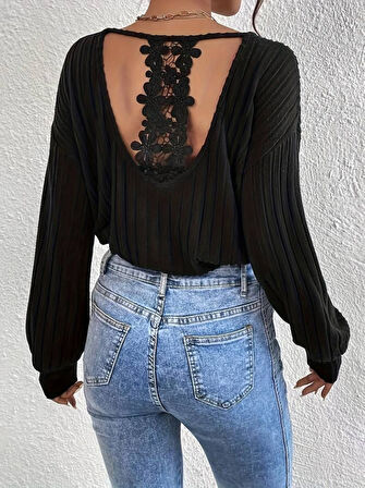 TUA MODA Kadın Uzun Kollu V Yakalı Pencere Sırt Dantel Detaylı Kalın Fitilli Kaşkorse Bluz